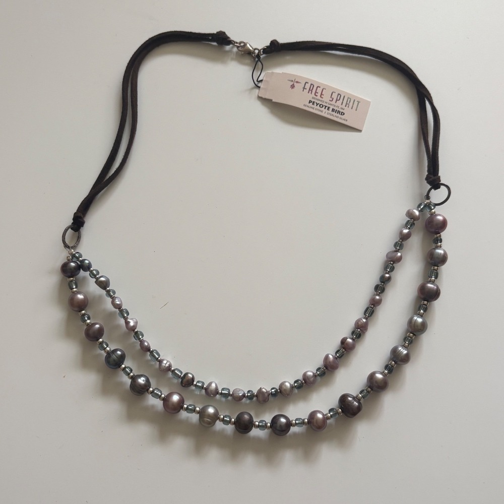 Peyote Bird Free Spirit Sterling Silver Pearl Suede Double Strand Necklace NWT